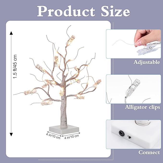 Mudder Money Holder Tree Present Card Holder with 12 Clear Clips LED Birch Twig Lights Tabletop Display Tree for Christmas, Valentines, Memo, Photo, Wedding(Trendy Style,White, Warm White)