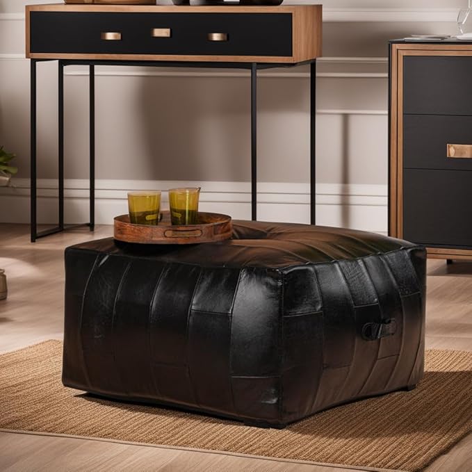 Square (Jumbo) Shaped Buffalo Leather Handmade Eco-Friendly Black Pouf - Square Pouf, 26"x26"x14", Geometric Pouf, Buffalo Leather Pouf, Recycled Cotton Filled Stuffed Pouf, Seating Pouf PF25