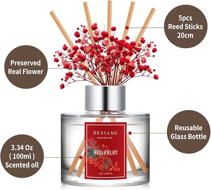 Reed Diffuser Set - 3.38oz (100ml) Red Fruit Scent Essential Oil Air Freshener with 6 Reed Sticks| Long-Lasting Aromatherapy for Home, Bathroom, Office Decor