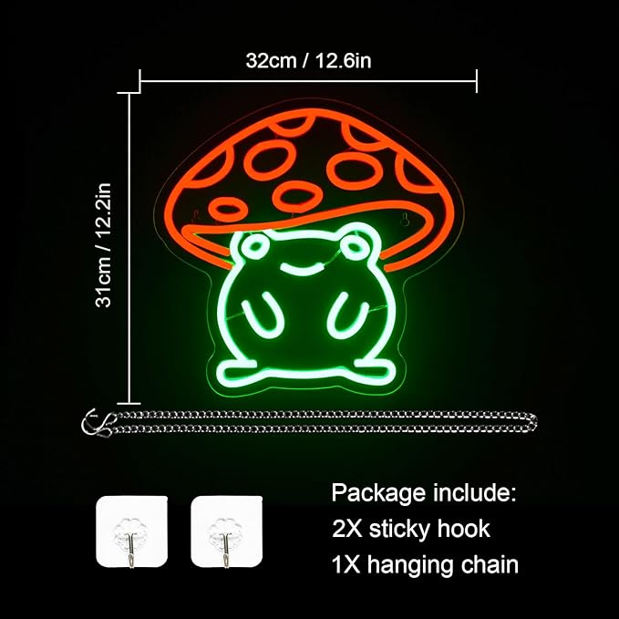 WLHOPE Mushroom Frog Neon Light for Wall Decor - Cute Green Red LED Sign for Bedroom, Kids Room, Home, Bar, Party, Classroom, Game Room