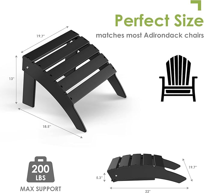 GREENVINES Adirondack-Ottoman | Set of 2 | HDPE Plastic | Outdoor Footrest | All Weather | Foot Rest | Foot Stool | Black | for Adirondack Chair | for Patio Backyard Pool