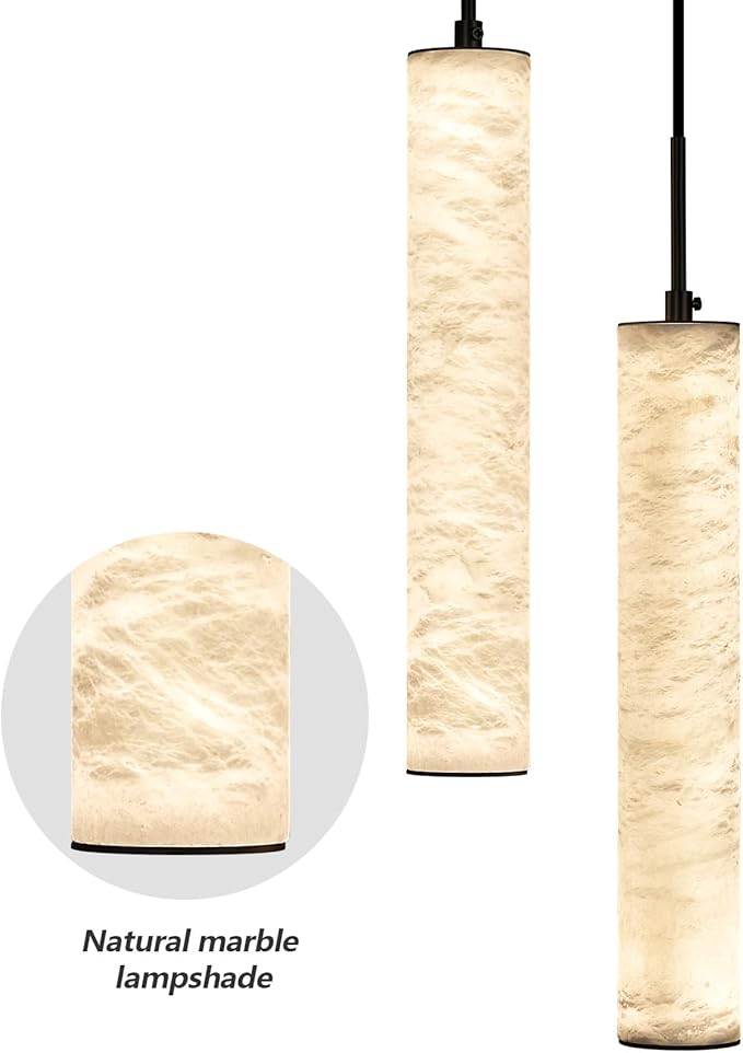 LMQNINE Natural Alabaster Pendant Lights for Kitchen Island White Marble Long Tube Chandelier Modern Black Ceiling Light Fixtures for Bedroom Dining Room Table Living Room Hallway(M-2Light)