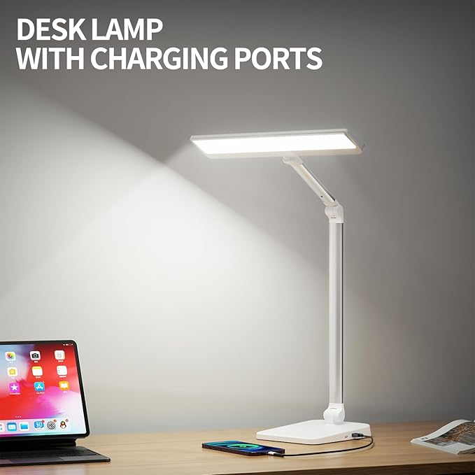 Desk Lamp with USB A+C Dual Charging Port, 23W 1000LM DC Adapter LED Dsek Light for Office Home, Eye-Caring Desk Light 3 Brightness Lamp for Computer, Video Conferencing, Workbench, Crafting, Reading