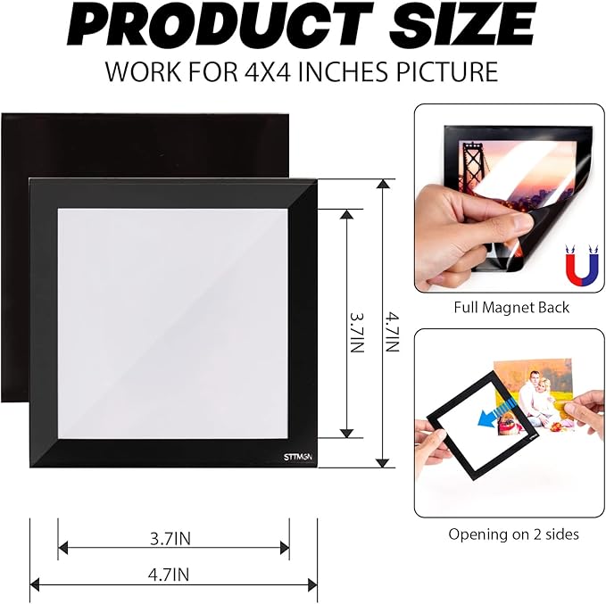 4X4" Magnetic Picture Frame with Black Border(10 Pack),Square Magnet Photo Pockets,Decorations for Fridge/Lockers with Clear Plastic Cover (Classic)