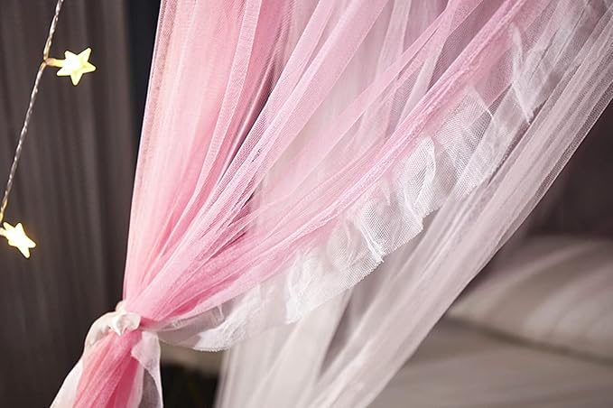 VETHIN Princess Bed Canopy for Girls Double Layer Sheer Mesh Dome Elegant Embroidery Lace Mosquito Net Bed Curtain for Full Queen King Bed with led Stars String Lights(Pink/White-1)