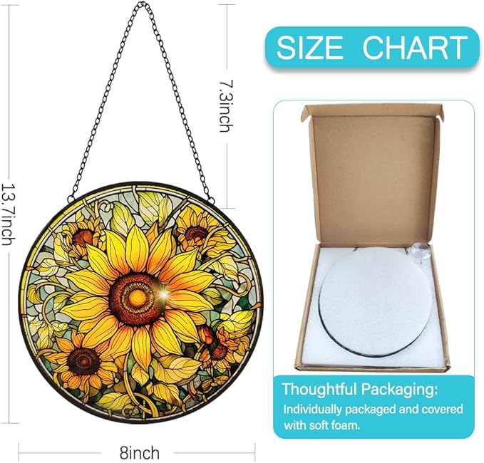 Sunflower Suncatcher Stained Glass Window Hanging Ornaments - 8” Handmade Sun Catchers Indoor Window Outdoor Garden Decor - Wall Art Sun Flower Glass Panel with Hooks - Sunflower Gifts for Women Mom