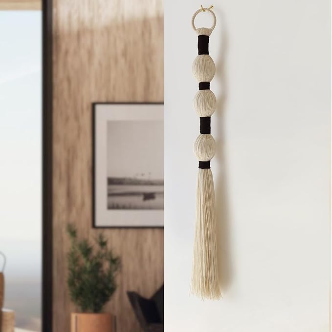 Macrame Wall Hanging Boho Wall Decor Small Sphericity Cotton Textile Tassel Hanging Fiber Yarn Art for Living Room Bedroom 27'' L x 2.3'' W