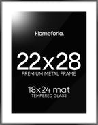 Homeforia 22x28 Poster Frame Black, High End Metal 22 x 28 Large Picture Frames with Mat 18 x 24 for Photo, 22x28 Thin Frame Matted to 18x24 inch Print, 28x22 Frame, Tempered Glass, Wall Kit, Set of 1
