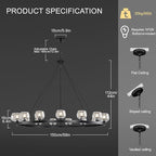 Black Wagon Wheel Chandelier, 59 Inch Black Chandeliers with Unique Glass Shade, 15-Light Crystal Large Wagon Wheel Chandeliers for Dining Room, High Ceiling Round Chandelier for Living Room, Foyer