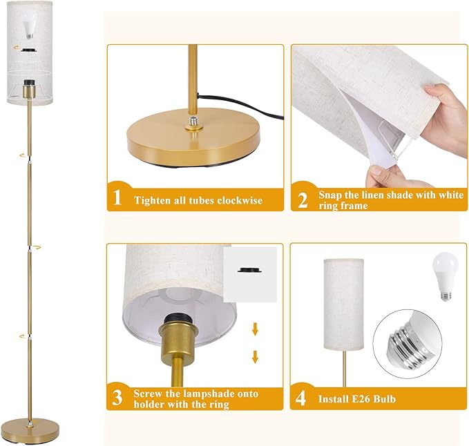 Boostarea Floor Lamp for Living Room with 3 Color Temperatures Bulb, Industrial Floor Lamps, Gold Classic Tall Lamp for Office, Standing Lamps for Bedroom, Kids Room, Reading(9W LED Bulb, Linen Shade)