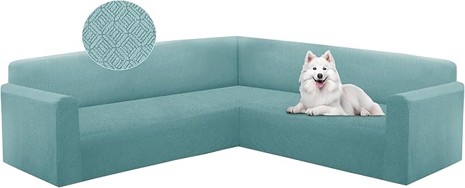 HDCAXKJ Sectional Couch Cover L Shape Stretch Sofa Covers Washable Jacquard Corner Couch Slipcover Non Slip Sectional Slip Cover U Shaped Furniture Protector for Pets Dogs (Cyan, Medium)