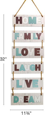 EXCELLO GLOBAL PRODUCTS Large Hanging Wall Sign: Rustic Wooden Decor (Family, Home, Love, Laugh, Live, Dream) Hanging Wood Wall Decoration (11.75" x 32")