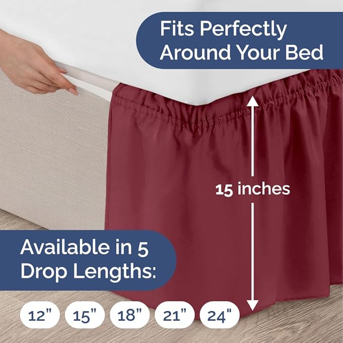 Wrap Around Dust Ruffle Bed Skirt - Burgundy - for Queen Size Beds with 15 Inch Drop - Elastic Strap - Adjustable Pleated Bedskirt with Brushed Fabric and Wrinkle Free - for Women, Men, Kids & Teens