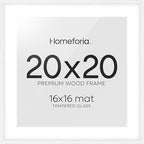 Homeforia 20x20 White Picture Frame, High End Oak 20 x 20 Square Wood Frames with Mat 16 by 16 inches Photo, 20by20 White Wooden Poster Frames Matted to 16x16 Print, Tempered Glass, Wall Kit, Set of 1