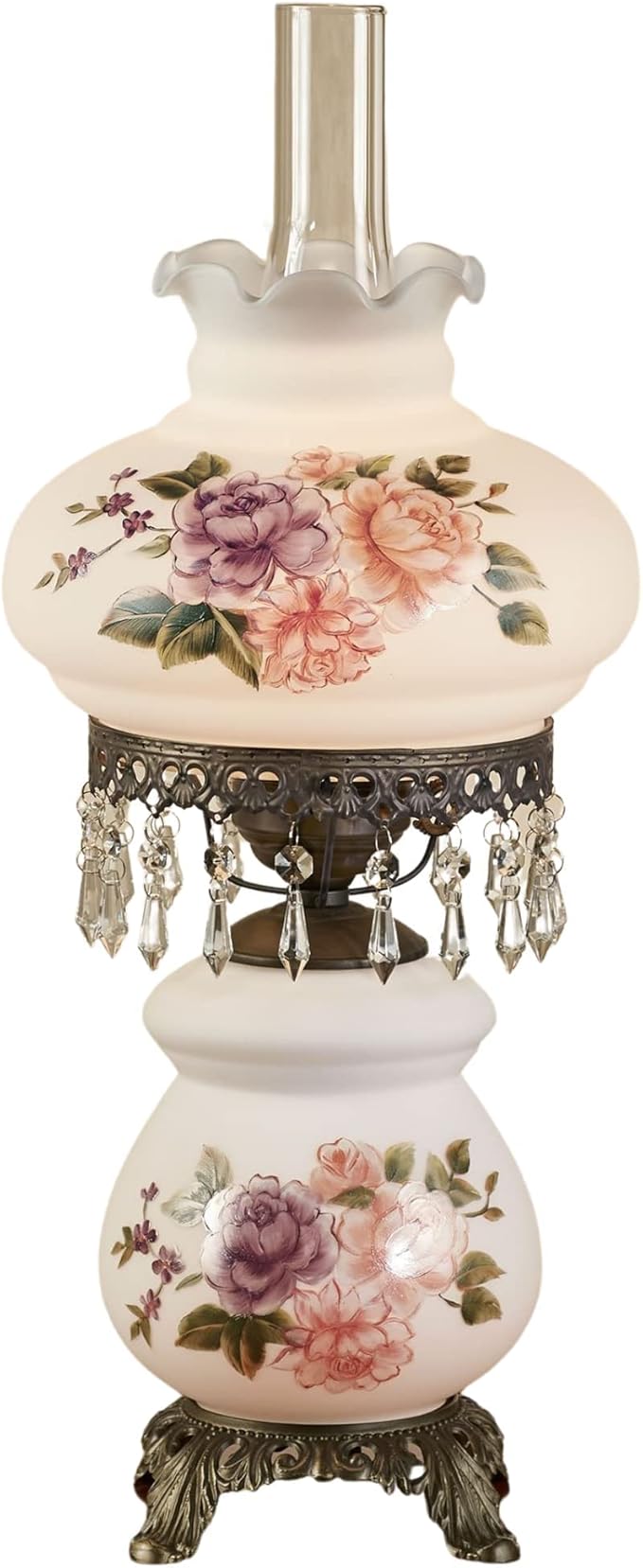 Touch of Class Brook Floral Handpainted Hurricane Table Lamp White Floral Motifs - Metal Base, Glass Shade, Scalloped Edges - Vintage Bedroom Aesthetic - Victorian Style Parlor Lamps for Bedroom