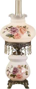 Touch of Class Brook Floral Handpainted Hurricane Table Lamp White Floral Motifs - Metal Base, Glass Shade, Scalloped Edges - Vintage Bedroom Aesthetic - Victorian Style Parlor Lamps for Bedroom
