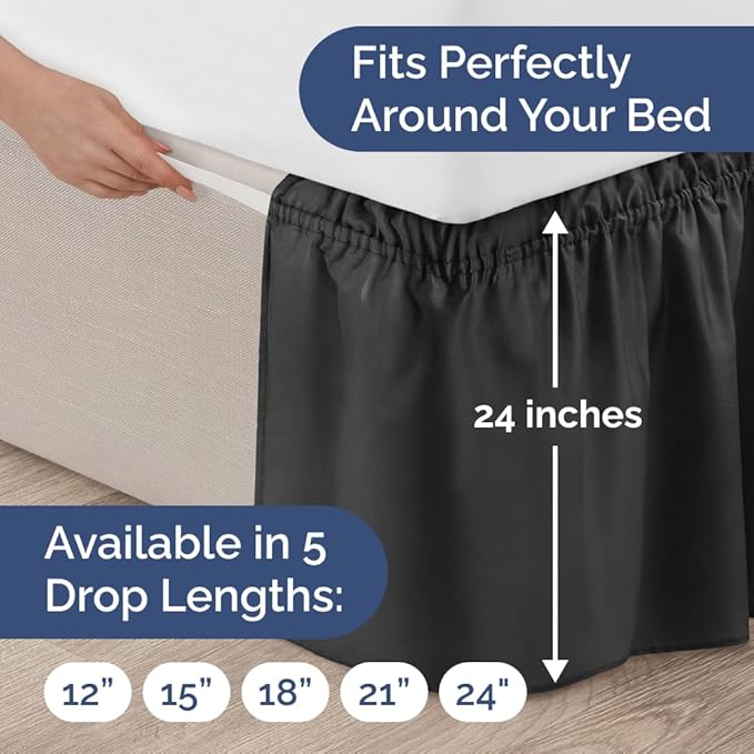 Wrap Around Dust Ruffle Bed Skirt - Black - for King Size Beds with 24 Inch Drop - Easy Fit Elastic Strap - Adjustable Pleated Bedskirt w/Brushed Fabric - Wrinkle Free - for Women, Men, Kids & Teens
