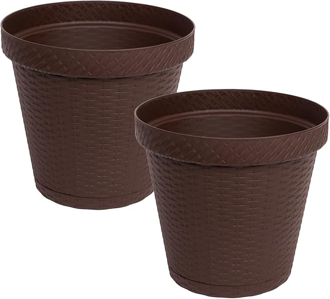 Elly Décor Set of 2 12 inch Round Saucer Modern Self Watering Planter Plates, Pots with Rattan-Like Finish, 12x12 Chocolate Brown