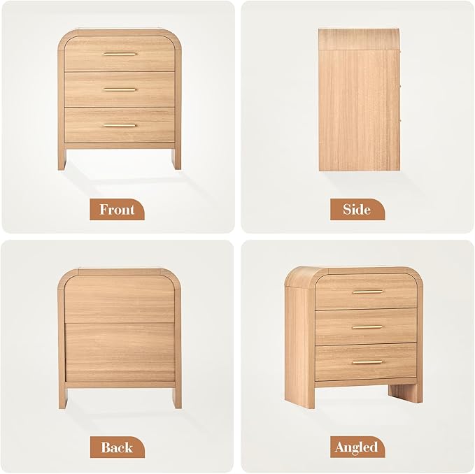 Farmhouse Nightstand Set of 2, 23.5" Curved Modern Night Stand with 3-Drawer, Bed Side Table Furniture, End Table for Bedroom, Storage Cabinet for Living Room Home Office Entryway, Oak