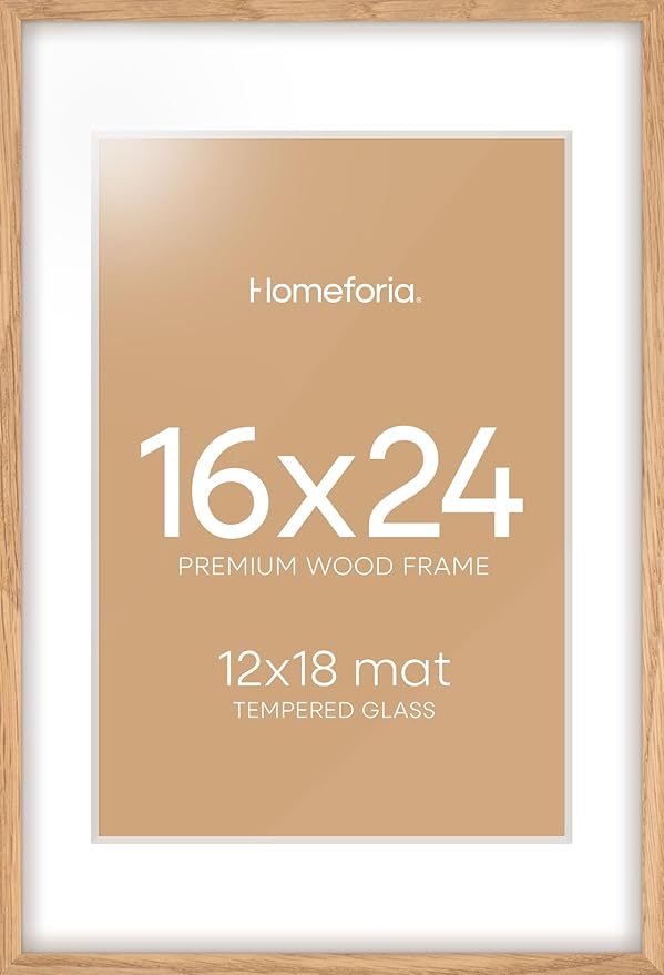 Homeforia Picture 16x24 Wood Frame, High End Natural Oak 16x24 Light Wooden Poster Frame with Mat 12x18, 16 x 24 Frames Matted to 12 x 18 Photo, 24x16 Hanging Frame, Tempered Glass, Wall Kit, Set of 1