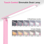 White crown LED Desk Lamp Dimmable Table Lamp Reading Lamp with USB Charging Port, 5 Lighting Modes, Sensitive Control, 30/60 Minutes Timer (Pink, First-Generation)