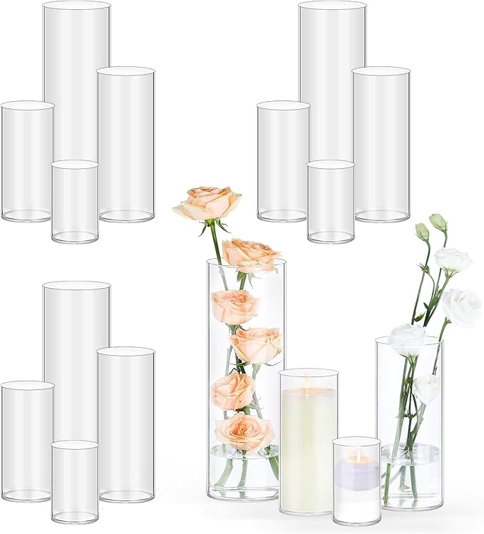 16 Pack Glass Cylinder Vases 4, 6, 8, 10 Inch Tall Clear Flower Vases for Table Centerpieces Wedding Decoration, Hurricane Floating Candle Holder for Party Home Decor