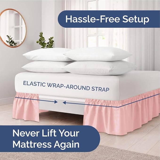 Wrap Around Dust Ruffle Bed Skirt - Baby Pink - King Size Beds w/ 12 Inch Drop - Easy Fit Elastic Strap - Adjustable Pleated Bedskirt w/Brushed Fabric - Wrinkle Free - Women, Men, Kids & Teens