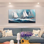 RUISHI Ocean Wall Art For Living Room Abstract Sailboat Canvas Nautical Painting Teal Blue Textured Print Coastal Themed Picture Artwork for Bedroom Bathroom Home Office Decoration 40L x 20W