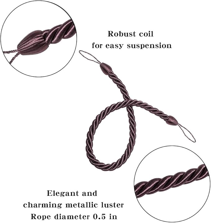 BEL AVENIR Curtain Rope Tiebacks, Drapery Rope Holdbacks with 4 Metal Screw Hooks (Purple, 4pack)