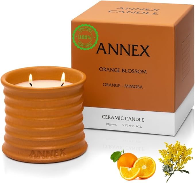 Scented Luxury Candles in Handmade Ceramic Jars, Soy Wax | Orange Blossom – Orange & Mimosa, Large Candle | Non Toxic, 2 Wicks, Reusable Big Orange Jar | Natural Spring Aromatherapy for Women & Men