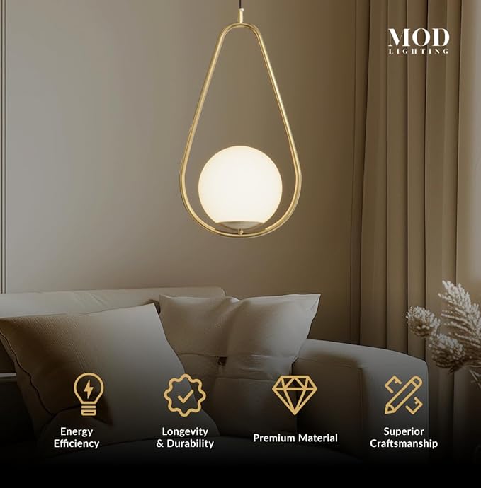 𝗠𝗢𝗗 𝗟𝗜𝗚𝗛𝗧𝗜𝗡𝗚 Jewels & Pearls | Modern Gold Pendant Light Fixtures, Hanging Globe Pendant Lights for Kitchen Island Lighting, Dimmable LED Bulb Included, 1 Pack (Gold | Warm White | Droplet)