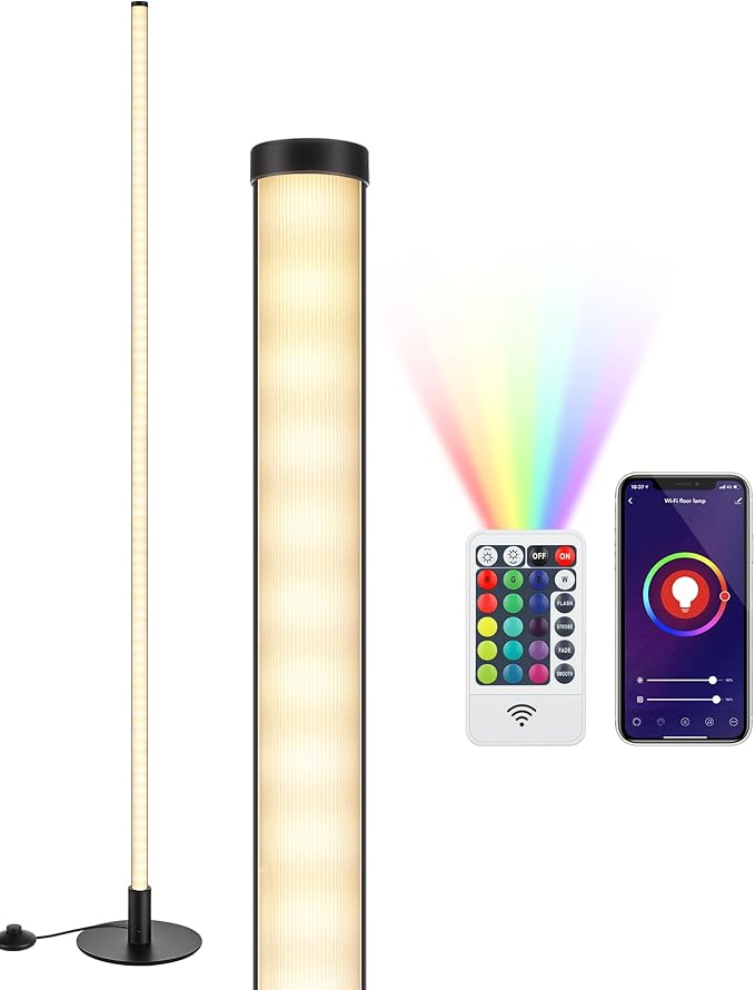 EDISHINE RGBW LED Corner Floor Lamp with Smart App & Remote Control, Dimmable Light Compatible with Alexa, Google Home, Minimalist Stick Tall Lamp for Living Room, Bedroom, (Black)