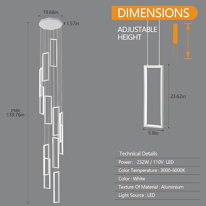 Modern Adjustable Height Pendant Light Fixture - White 252W LED Pendant Lights with 12 Rings - Rectangular Chandelier for Staircase, Lobby, Living Room, Foyer and High Ceiling