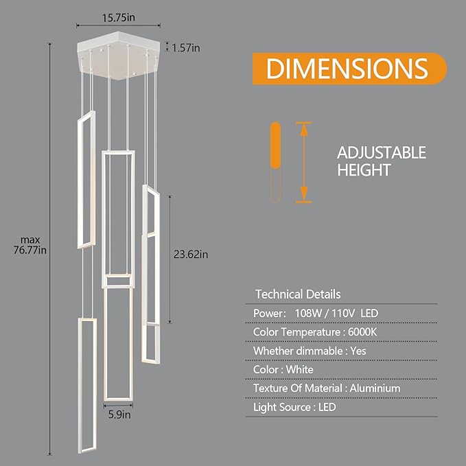 Modern Adjustable Height Pendant Light White 108W LED Pendant Lights 6 Rings Rectangular Chandelier Staircase Large Chandelier Lobby Living Room Kitchen Island Foyer High Ceiling Chandeliers