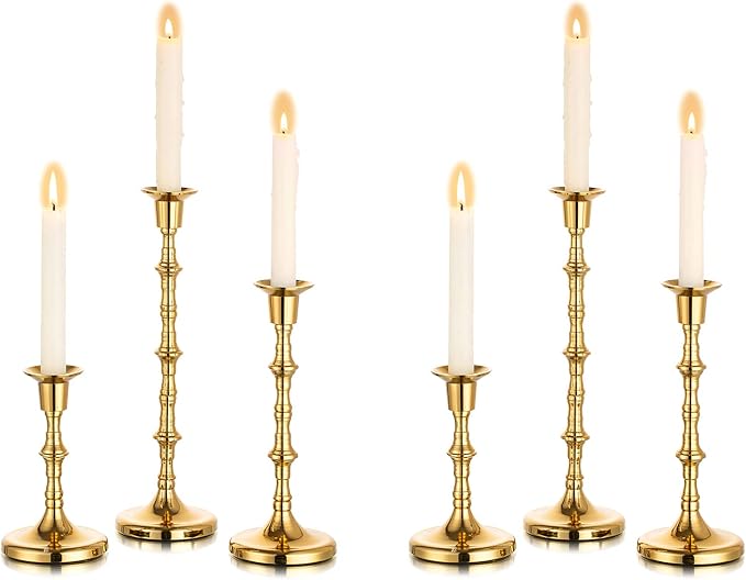 Nuptio Gold Candle Holders for Candlestick: Set of 6 Tall Taper Candle Stick Holders for Fall Thanksgiving Christmas Living Room Fireplace Dinner Table Cafe Table Decor