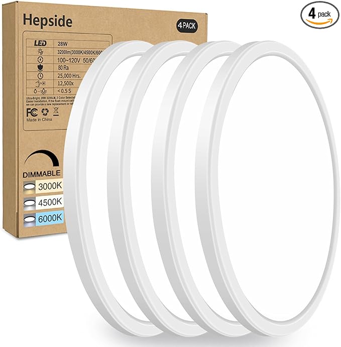 4PACK Flush Mount LED Ceiling Light Fixture White, 12Inch 28Watt, Dimmable & 3000K-4500K-6000K 3 Color Selectable Ceiling Lamp 3200LM Low Profile Ceiling Light for Kitchen Bedroom Hallway Porch