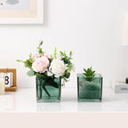 Square Glass Vases Set of 9, 5" x 5" x 5" Green Flower Vases for Centerpieces, Square Vase for Flowers, Small Vase for Wedding, Party, Home Office Decoration