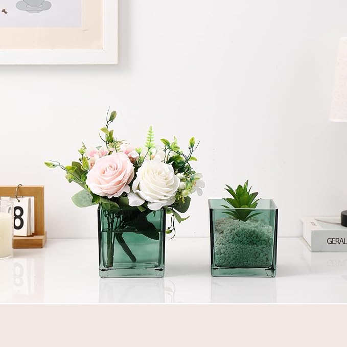 Square Glass Vases Set of 4, 5" x 5" x 5" Green Flower Vases for Centerpieces, Square Vase for Flowers, Small Vase for Wedding, Party, Home Office Decoration