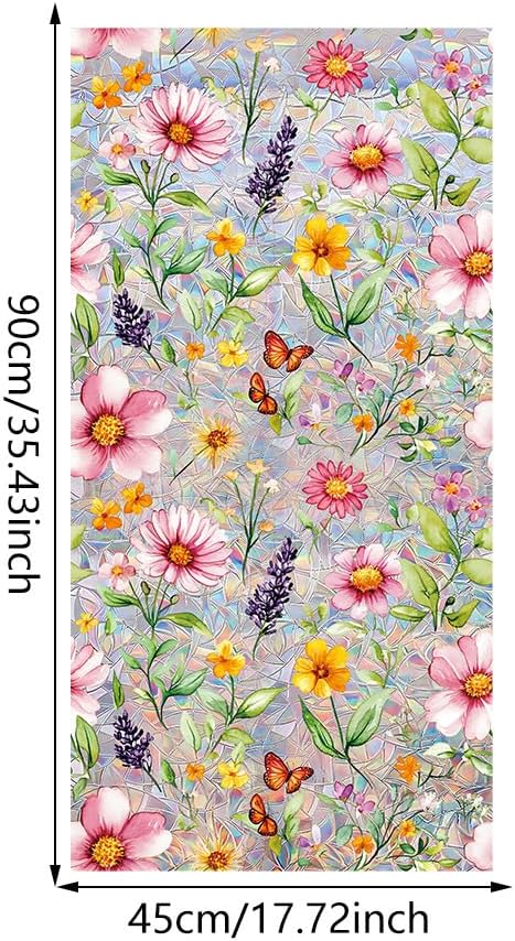Window Film, Stain Daisy Glass Film Rainbow Flowers Static Window Clings Stickers for Home Office Living Room Bedroom Glass Windows Door Decor