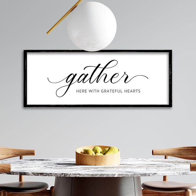 ZZJJHYWGQ Gather Here With Grateful Hearts Sign Rustic Farmhouse Wall Art 32"×12" For Dining Room kitchen Family Gathering Thanksgiving Decor Minimalist Large Wooden Framed Hanging Art (Black)