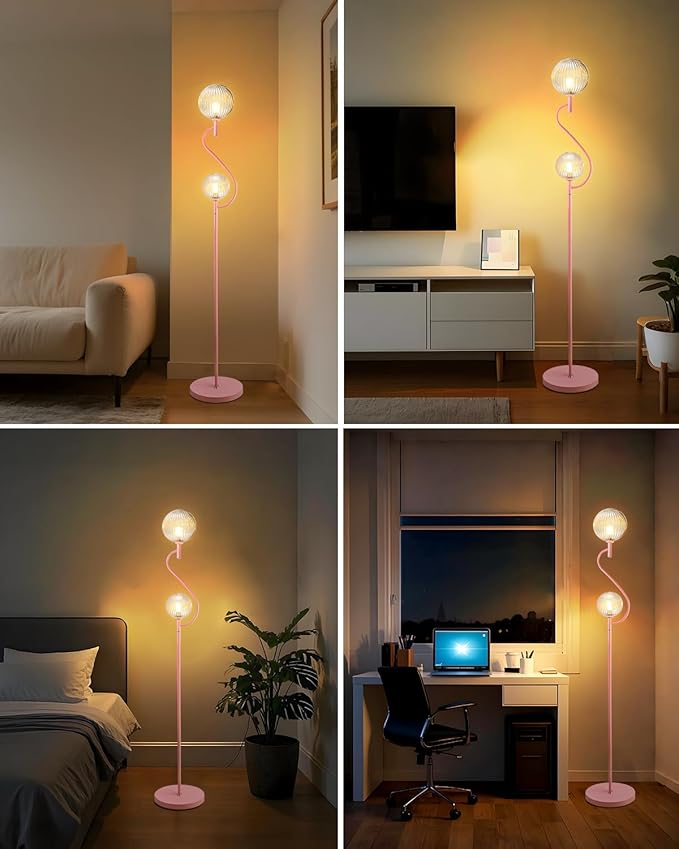 Lightdot Pink Floor Lamp, Mid Century Tall Standing Lamps with Globe Clear Glass Shade Soft Warm White Eye Care 3000K Bulbs Included, Modern Unique Floor Lamp for Living Room Bedroom