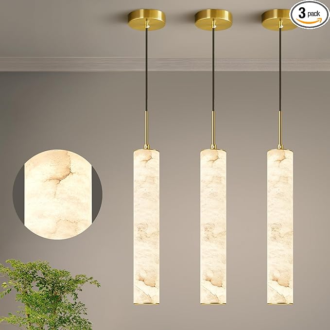LMQNINE Natural Alabaster Pendant Lights for Kitchen Island White Marble Long Tube Chandelier Modern Gold Ceiling Light Fixtures for Bedroom Dining Room Table Living Room Hallway(M-3Pack)