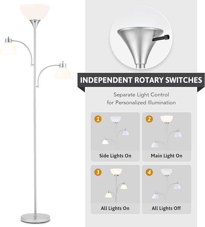 VONLUCE 71" Floor Lamp for Living Room with 3 Bulbs, Standing Lamp with Adjustable Reading Light, Modern Torchiere Floor Lamp with 3 Color Temperatures, Tall Lamp for Bedroom Corner, Nickel