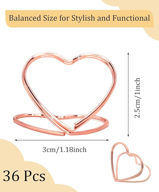 36 Pcs Heart Table Number Holders - Rust-Resistant Metal Place Card Stands for Weddings, Office & Home Decor (Rose Gold)