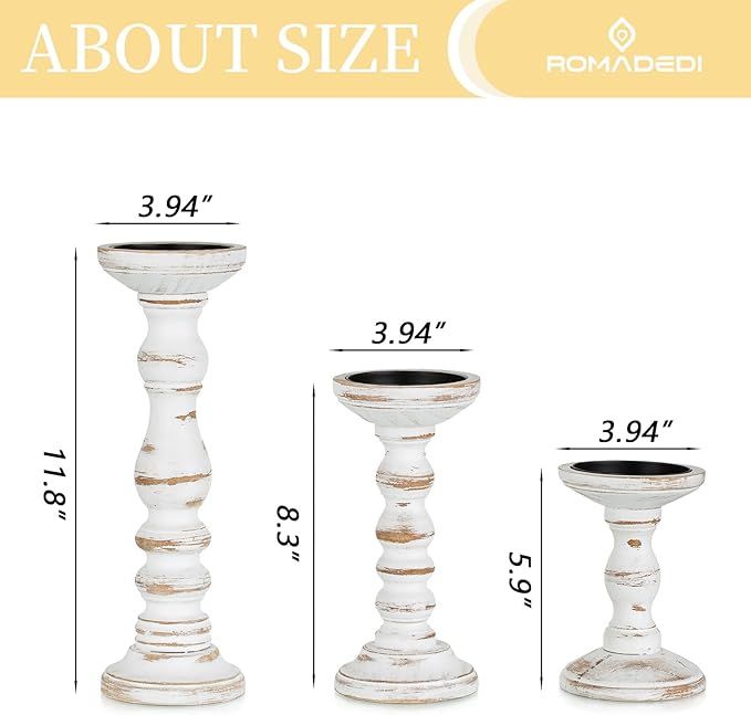 Romadedi Wood Candle Holders for Pillar Candles - Set of 3 Tall Farmhouse Wooden Candlestick Holder, Rustic Candle Stand for Fireplace Mantle Shelf Table Home Decor, Brown Whitewashed 6"/ 8.3"/11.8"