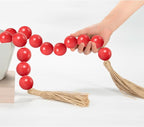 OMISHE 60" Long Large Wood Bead Garland with 1.6" Diameter Wooden Beads and Tassels, Rustic Farmhouse Country Wood Beads Garland for Home Tiered Tray Decor, Decorative Beads with Tassels Red