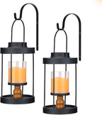 Metal Wall Sconce Candle Lantern Set of 2 - Black Wall Mounted Wood and Metal Hanging Holder with Glass & Candles Vintage Wall Decor for Porch, Living Room, Dining Room, Bedroom Indoor Decor
