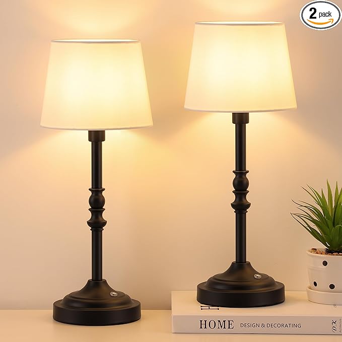 GGOYING Set of 2 Rechargeable Cordless LED Table Lamps, 4-Level Dimmer, Black Portable Desk Lamps with White Fabric Shades, Night Light for Dining, Bedroom and Patio