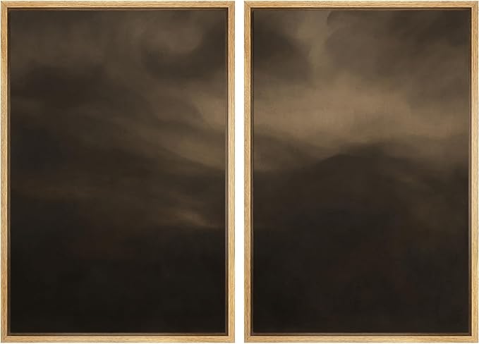 SIGNFORD Framed Canvas Print Wall Art Set Moody Misty Landscape Soft Brown and Gray Hues Illustration Modern Art Decorative Nordic Nature for Living Room, Bedroom, Office - 24"x36"x2 Natural