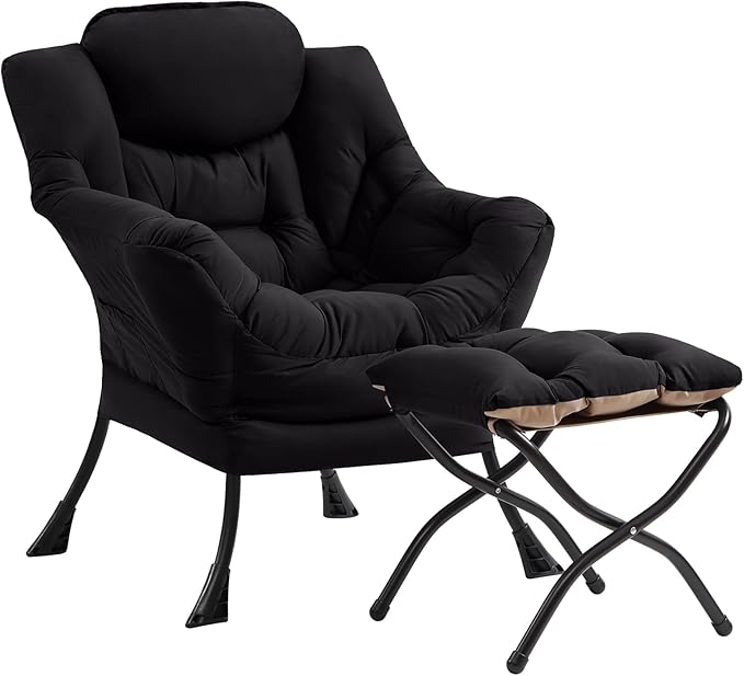 Cozy Lazy Chair and Ottoman, Large Contemporary Accent Lounge Chair Set, Leisure Upholstered Reading Armchair for Bedroom, Living Room, Dorm Rooms, Office